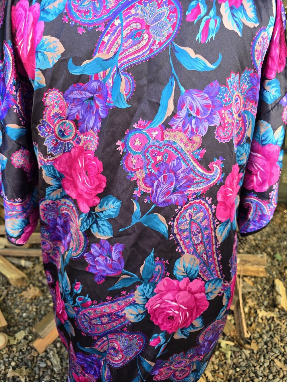 Vtg 80's Floral Paisley Satin Housecoat Muumuu Dress Maximalist Whimsigoth Glam - Picture 11 of 11